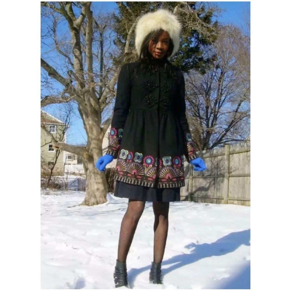 Anthropologie Plenty Tracy Reese Women's Sz 8 Black Embroidered Coat Floral